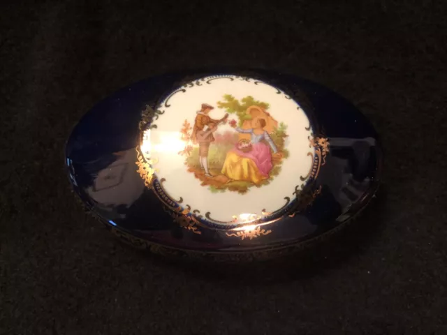 Vintage Limoges Castel France Cobalt & 22K Gold Trinket Box Dresser Jar