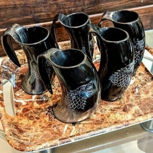 set of 5 Viking Drinking Horn Mug - 100% Authentic Beer Horn Tankard
