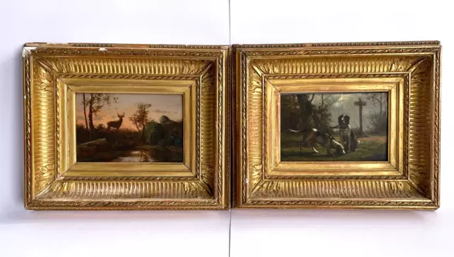 G. Gassies. Huile sur panneau. 2 Tableaux chiens de chasse, chasseur au cerf.