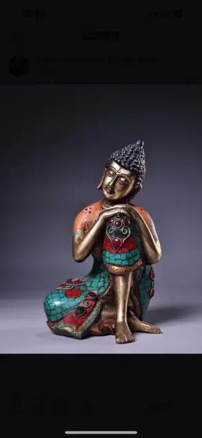 Chinese Antique Tibetan Buddhism old copper hand-set gemstone sleeping Buddha