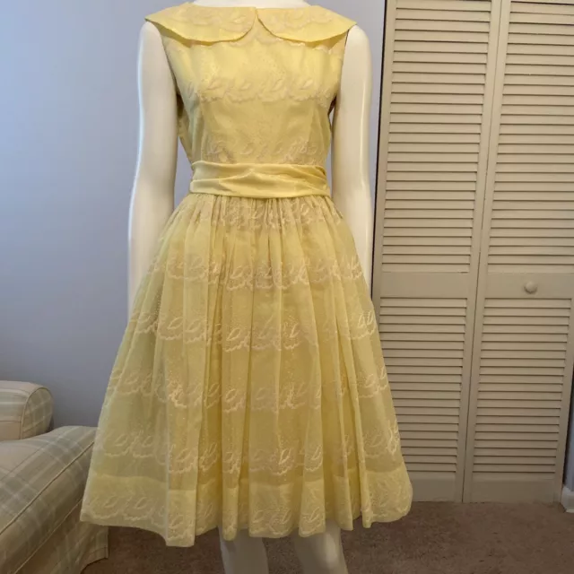 VTG 50s Party Dress Pale Yellow Satin With Swiss Dot Embroidered Overlay Sz S