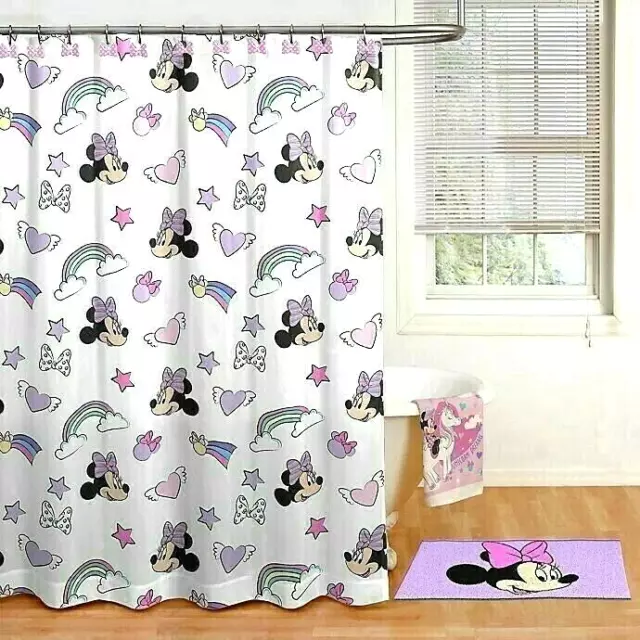 Disney MINNIE MOUSE BATH SET! Shower Curtain & Hooks, Bath Rug & Towel & Loofah