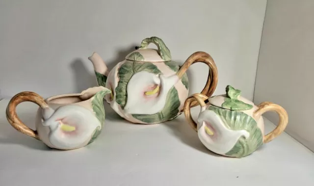 ☆Vintage 1987 Fitz and Floyd Calla Lily Teapot Creamer & Covered Sugar Bowl