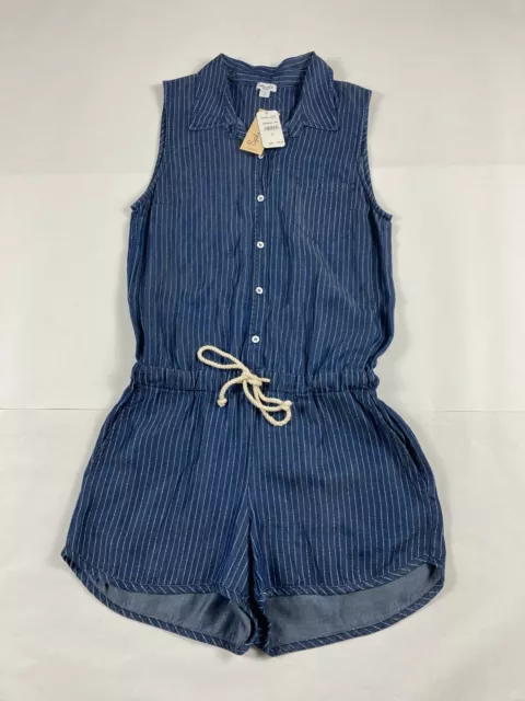 Womens Splendid Romper One-Piece Sz M Medium Blue Striped Sleeveless Button #161