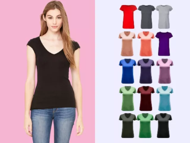 Womens Ladies Casual Cap Sleeve Plain V Neck Basic Stretchy Jersey T Shirt