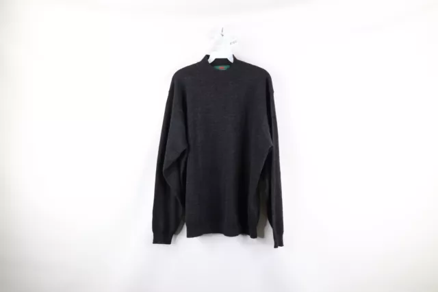 Vintage 90s Streetwear Mens XL Blank Merino Wool Knit Mock Neck Sweater Charcoal