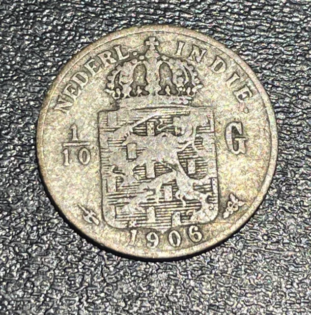 1906 Indonesia Netherlands East Indies Silver 1/10 Gulden Queen Wilhelmina Coin