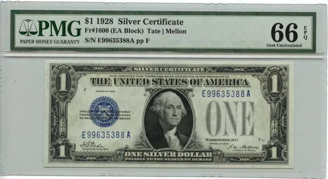 1928 $1 Silver Certificate Blue Tate Mellon Fr# 1600 PMG GEM 66 EPQ