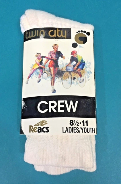 Vintage Twin City Knitting TCK Reacs Crew Socks White 8.5 Ladies 11 Youth NIP