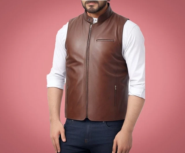 Gilet biker da uomo classico in pelle marrone - fatto a mano in vera pelle di mucca