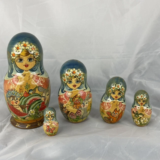 VINTAGE RUSSIAN MATRYOSHKA Nesting Dolls Set of 5 Signed Bunny Hedgehog
