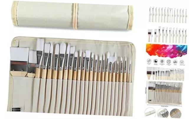 Paint Brushes Set of 24 Pieces Wooden Handles Brushes with Canvas Brush Case,