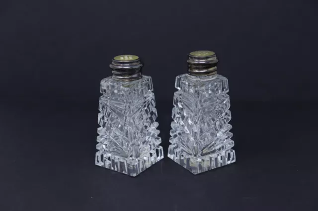 Antique Birks Salt Pepper Shakers Cut Glass Sterling & Mother of Pearl Tops IOB