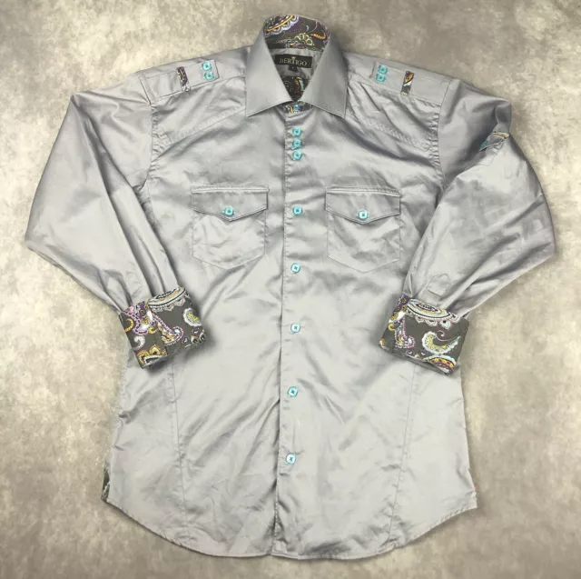 Bertigo Shirt Mens Size 3 EU Button Up Gray Long Sleeve Paisley Flip Cuff Accent