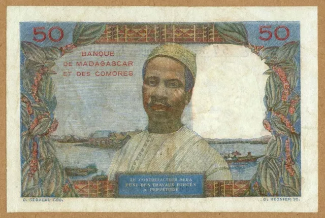 MADAGASCAR 50 FRANCS= 10 ARIARY ND (1950 Pick-45a VF++ VERY RARE BANKNOTE