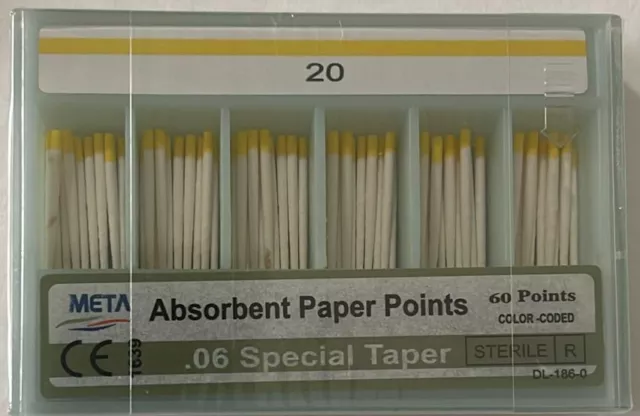 Dental META Absorbent Paper Points Endo Taper .06 #20 Color Coded 60/Pack