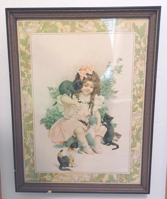 Antigue Victorian Chronolithogragh Cute Little Girl w/ Kittens in Original Frame