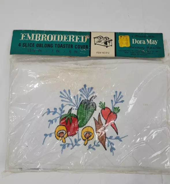 Vintage Dora May 4 Slice Toaster Cover Quilted Vinyl Embroidered Veggies NOS