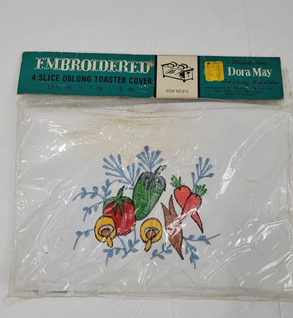 Vintage Dora May 4 Slice Toaster Cover Quilted Vinyl Embroidered Veggies NOS