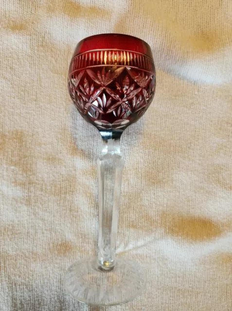 Vintage Bohemian Czech Hock Wine Glass Ruby Red Cut to Clear 6" Crystal Stemware