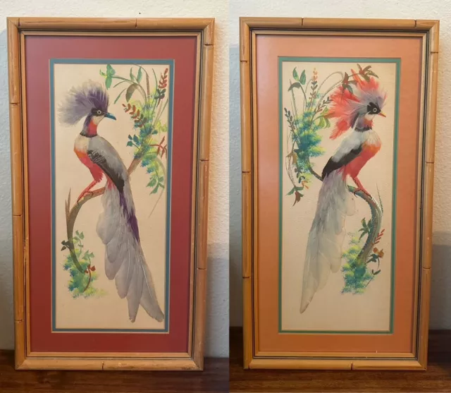 Antique Victorian Watercolour & Bird Feather Painting Picture Pair /  Taxidermy