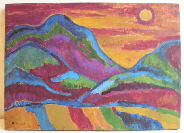 CREPUSCOLO IN MONTAGNA OLIO LEGNO VECCHIO QUADRO BLAUER REITER Avanguardia Russa