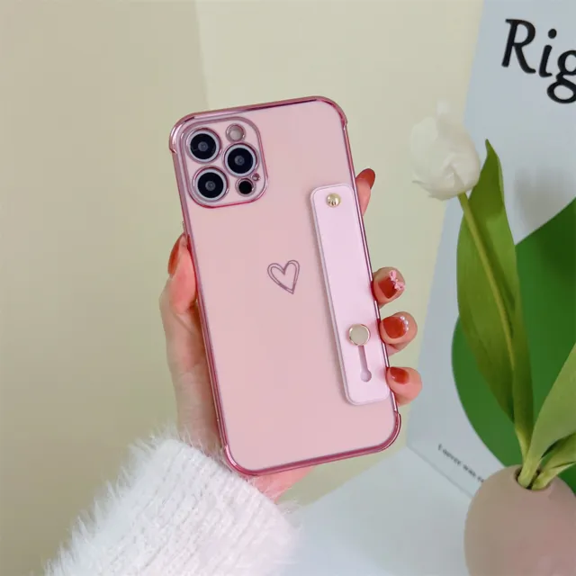 Cute Love Heart Plating Case For iPhone 14 13 Pro Max 12 11 XS XR 87 Wrist Strap