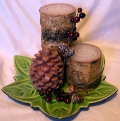 6 pcs: 2 Birch Bark Wax Wic Pillar Candles & Pine Cone & Plate Rustic Christmas