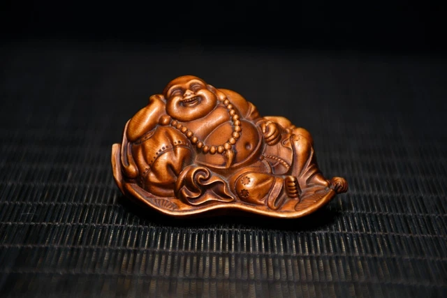 Chinese Antique Vintage Wood Hand Carved Boxwood Maitreya Buddha Statue Art 1029