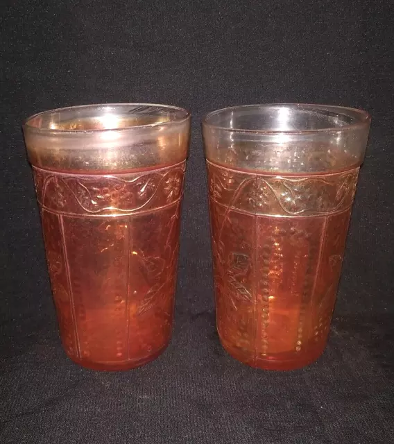 Vintage Pair Of Old Jain Carnival Glass Marigold Tumbler Beautiful Engraved #