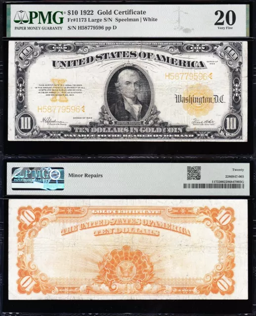 VERY NICE Bold & Crisp VF 1922 $10 GOLD CERTIFICATE! PMG 20! FREE SHIP! 79596