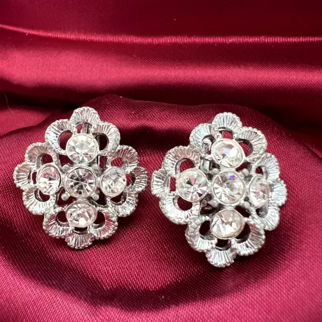 Vintage 1960s Sarah Cov Coventry Sparkly Crystal Clip On Earrings Silver Tone