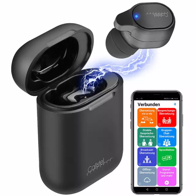 Callstel 2er-Set 2in1-Live-Übersetzer, In-Ear-Mono-Headset, Powerbank-Box & App 3