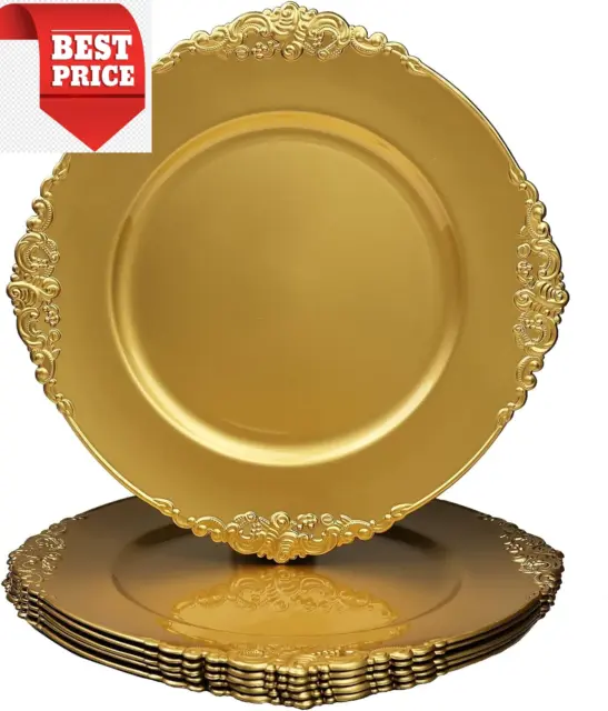 Gold Charger Plates 13" Elegant Plastic Set of 6 Chargers for Dinner Plates