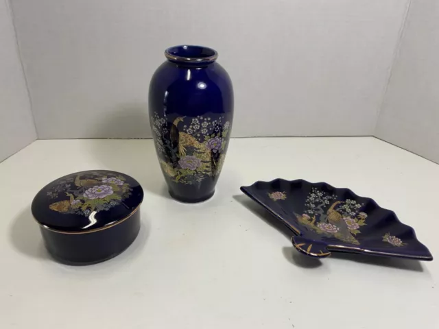 Kyoto IMPERIAL Blue/Gold Peacock Japanese Porcelain Vase,Fan Dish & Trinket Dish