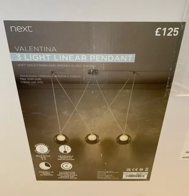 New/Boxed NEXT Valentina 3 Light Linear Soft Gold Pendant, Smoked Glass RRP £125