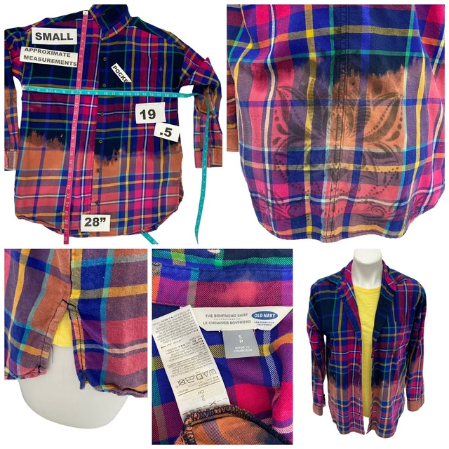 Old Navy Womens Upcycled Plaid Button Up Size Small Boho Lotus Bleach Ombre Coat 10