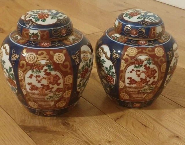 Vintage Paar orientalische japanische Porzellan Ingwer Gläser & Deckel handbemalt Sehr guter Zustand