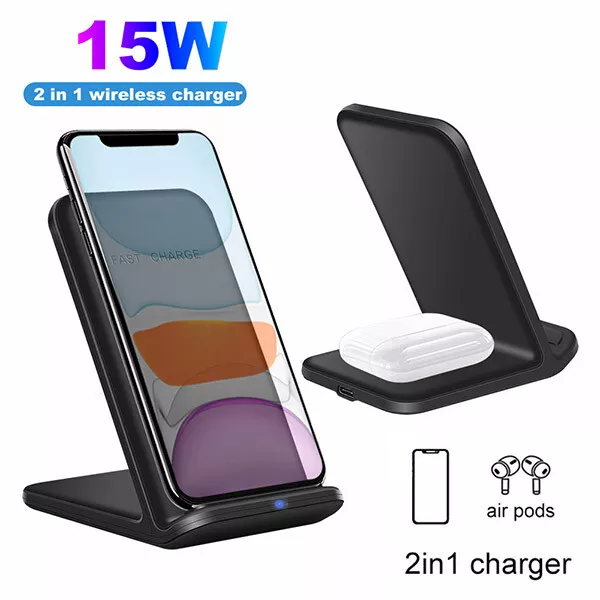 15W 2IN1 Wireless Charger Charging Pad Dock Stand For iPhone 12Pro Max Air Pods