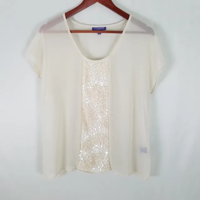 Vivienne Shirt Womens Large Top Beaded Sequin Short Sleeve Scoop Sheer Blouse