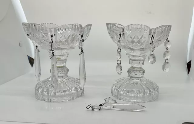 Pair of antique mantle lusters clear class, footed, prisms.  Sharp edges