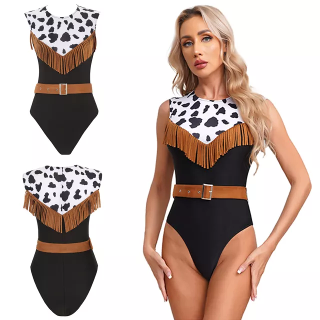 UK Womens Cowgirl Costume One-piece Bodysuit Spaghetti Strap Jumpsuit Party
