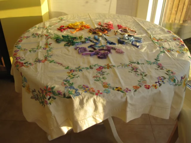 Large (53" Square) Vintage Hand Embroidered Tablecloth - Incomplete with threads