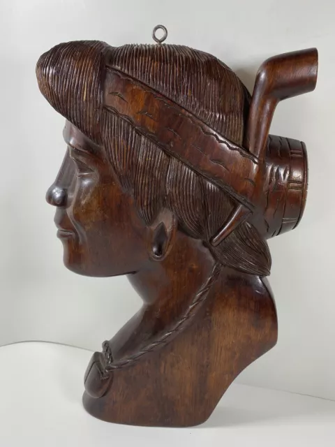 Mid Century Wood Carved Igorot Phillipnes Bust W/ Pipe Plaque Earring Dark Brown