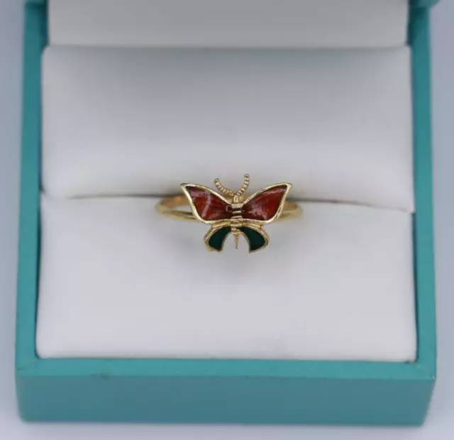 18K Yellow Gold Italian Multicolored Enamel Butterfly Ring Size 7.5