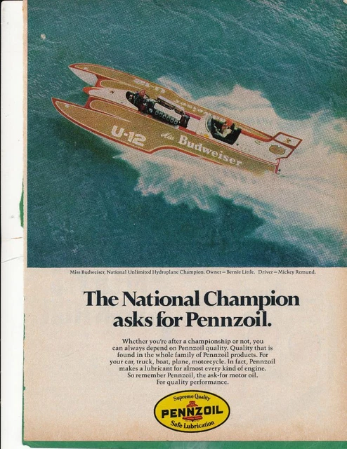 Magazine Ad - 1978 - Pennzoil - Miss Budweiser Hydroplane