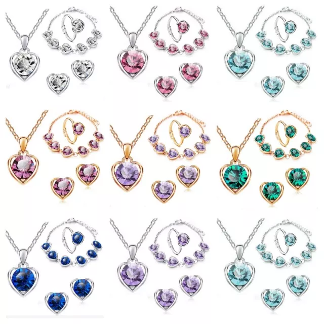 Luxury 925 Silver Necklace Earring Ring Bracelet Women Heart Crystal Jewelry Set