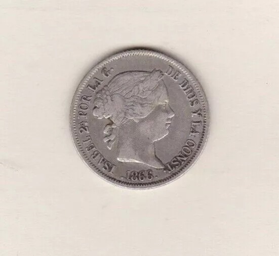 1866 Spain 6 Pointed Star Silver 40 Cent Coin In Very Fine Condition.