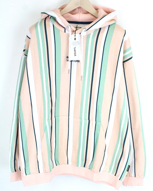 Yourturn 2XL Uomo Felpa Rosa Menta a Righe Manica Lunga Misto Cotone Cappuccio _
