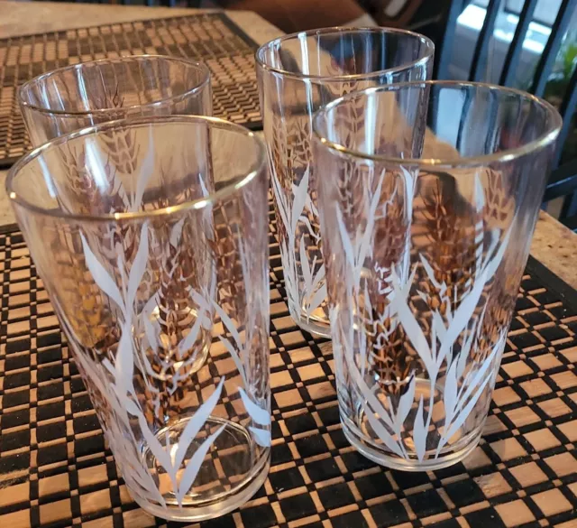 LIBBY DRINKING GLASSES Wheat Design 10 oz White & Gold Set of 4 - VTG. EXCELLENT